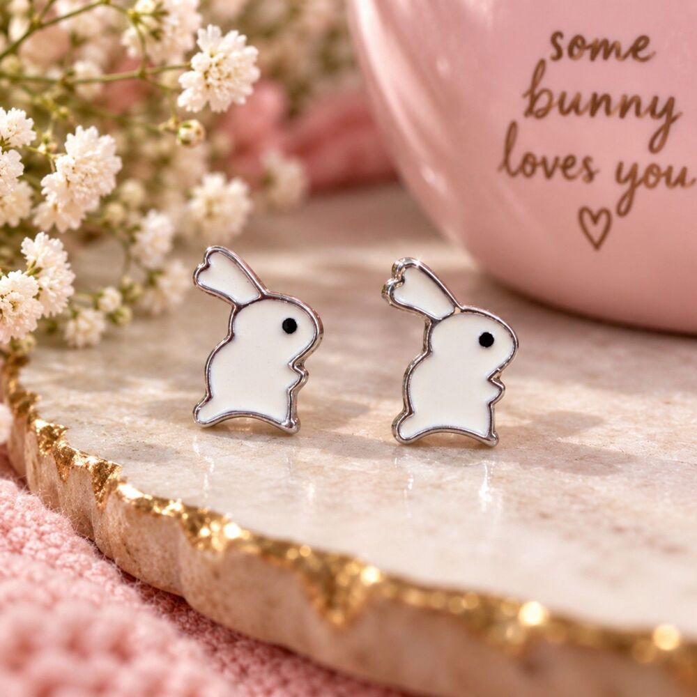 White Bunny Rabbit Stud Earrings, Cute Cottagecore Silver Tone Enamel Earrings